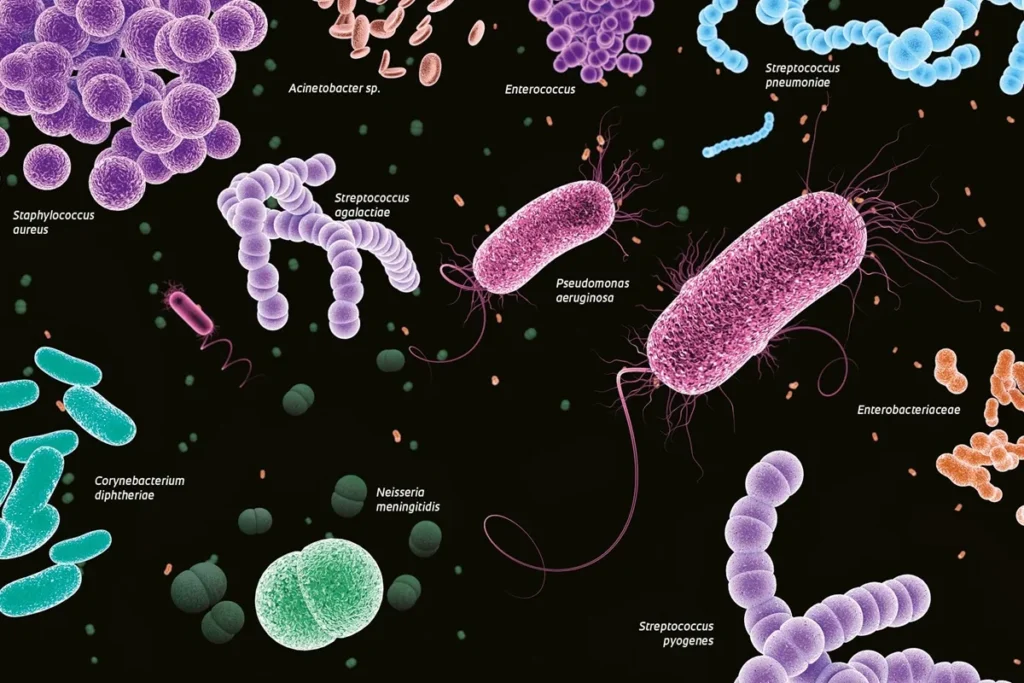Ilustração científica mostra diferentes bactérias como Staphylococcus aureus, Pseudomonas aeruginosa, Enterococcus e Neisseria meningitidis, associadas a infecções hospitalares.