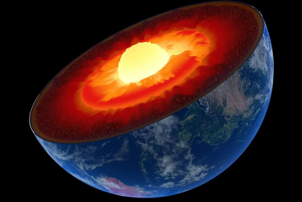 Ilustração do interior da Terra em corte, mostrando o núcleo brilhante e incandescente cercado por camadas de magma e manto, responsável pela geração do campo magnético terrestre.