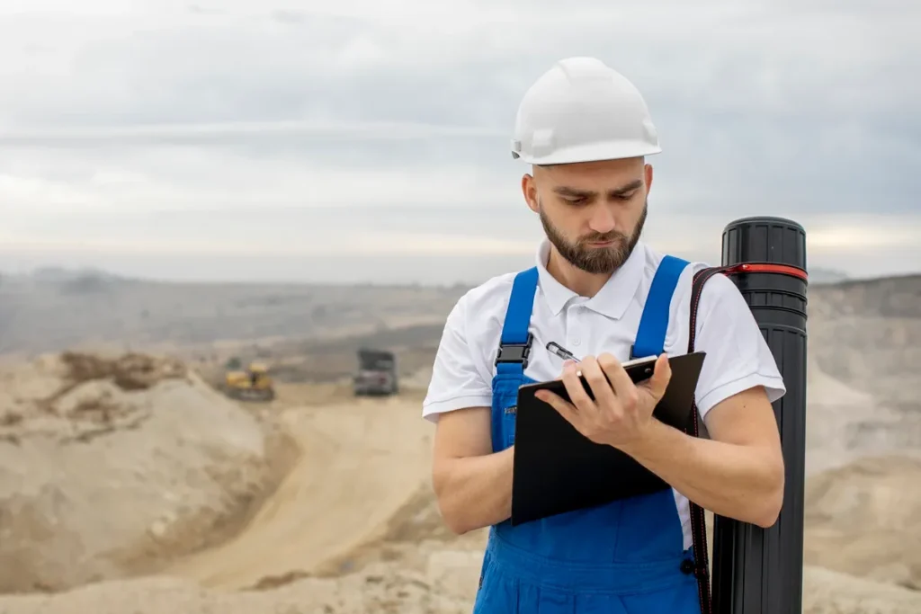 Engenheiro geofísico com capacete branco e uniforme azul preenchendo prancheta em área de mineração a céu aberto, com caminhões e escavadeiras ao fundo.