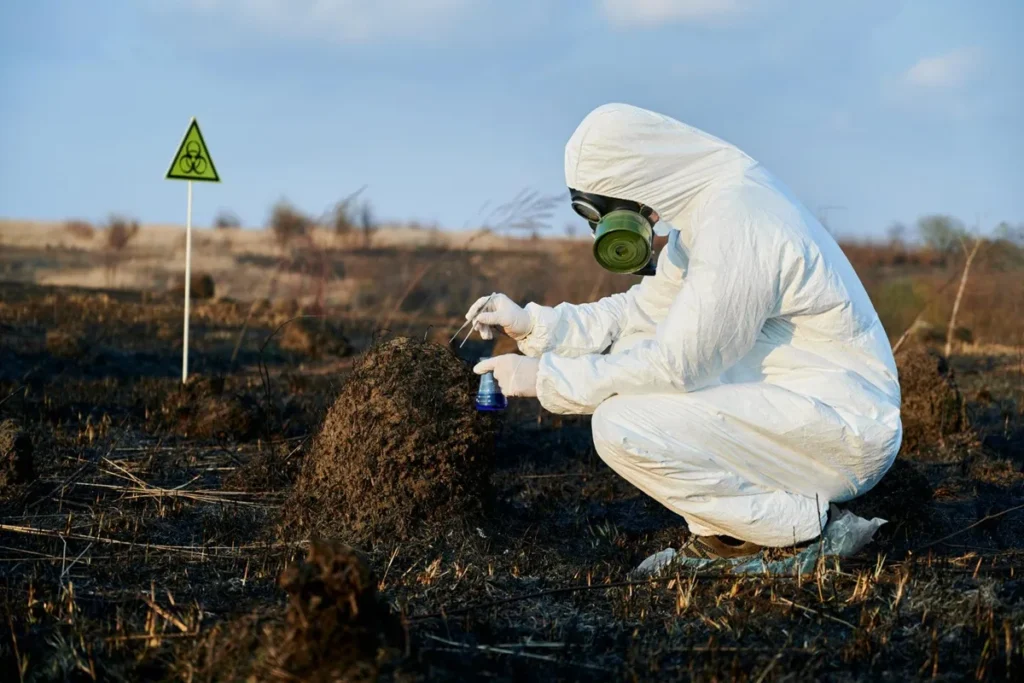 Pesquisador em traje de proteção biológica coleta amostras de solo em área marcada com sinal de risco químico e biológico.