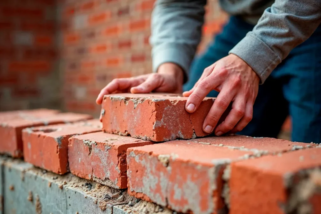 Mãos posicionando tijolo cerâmico durante a construção de parede em alvenaria.