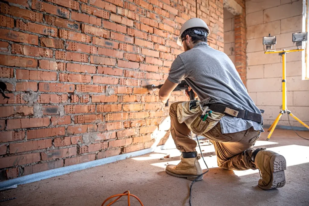 Operário com capacete e ferramentas perfurando parede de tijolos cerâmicos em construção.