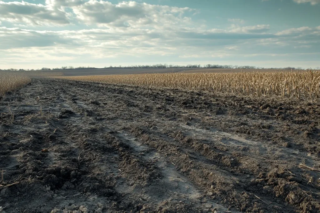 Campo agrícola com solo compactado e fileiras de plantação seca sob céu parcialmente nublado