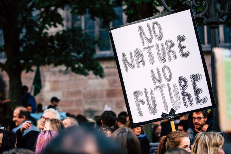 Imagem de um protesto, com o cartaz "No nature no future", protestando contra os impactos da poluição atmosférica.