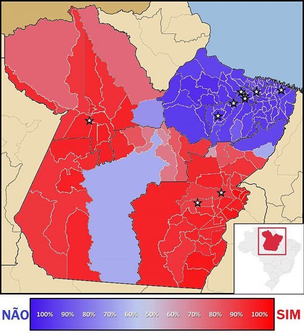 Mapa ilustrando resultado do plebiscito da separação do Pará por município.