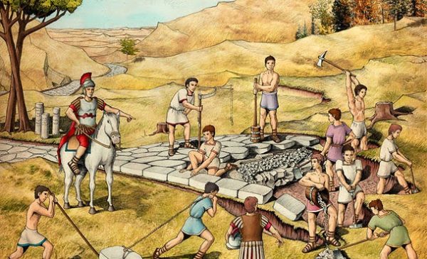 Ilustração colorida de homens no Império Romano construindo as estradas.