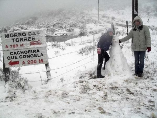 Pessoas posando com um boneco de neve do lado de uma placa apontando para Morro das Torres, à direita, e Cachoeira Que Congela, à esquerda.