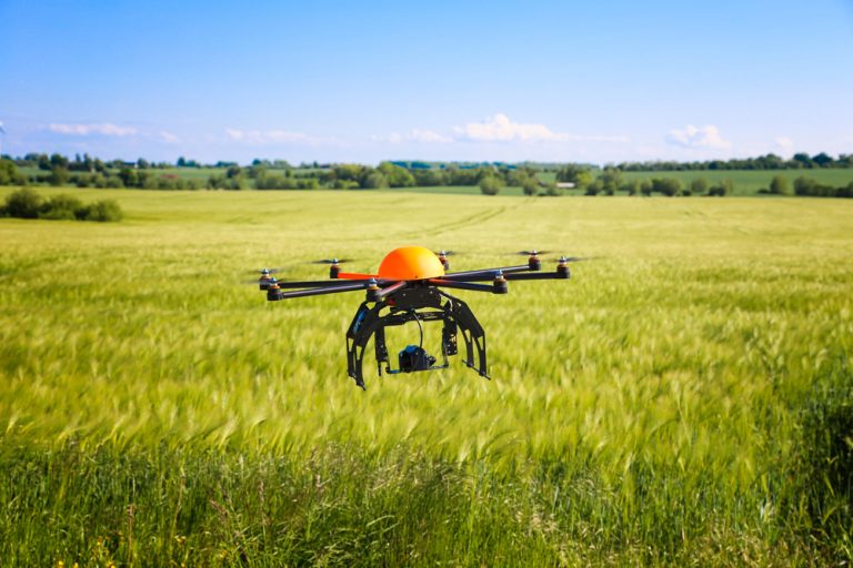 Imagem de um drone em um campo de vegetação baixa realizando uma leitura para o estudo do comportamento espectral de alvos.