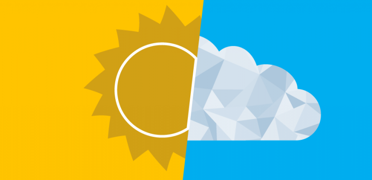 Ilustração de um sol contra um fundo amarelo e uma nuvem contra um fundo azul, um do lado do outro.