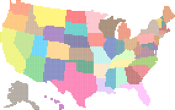 Ilustração do mapa dos Estados Unidos e sua divisão de estados, com cada estado apresentando uma cor diferente, propriedade que é uma das variáveis visuais.