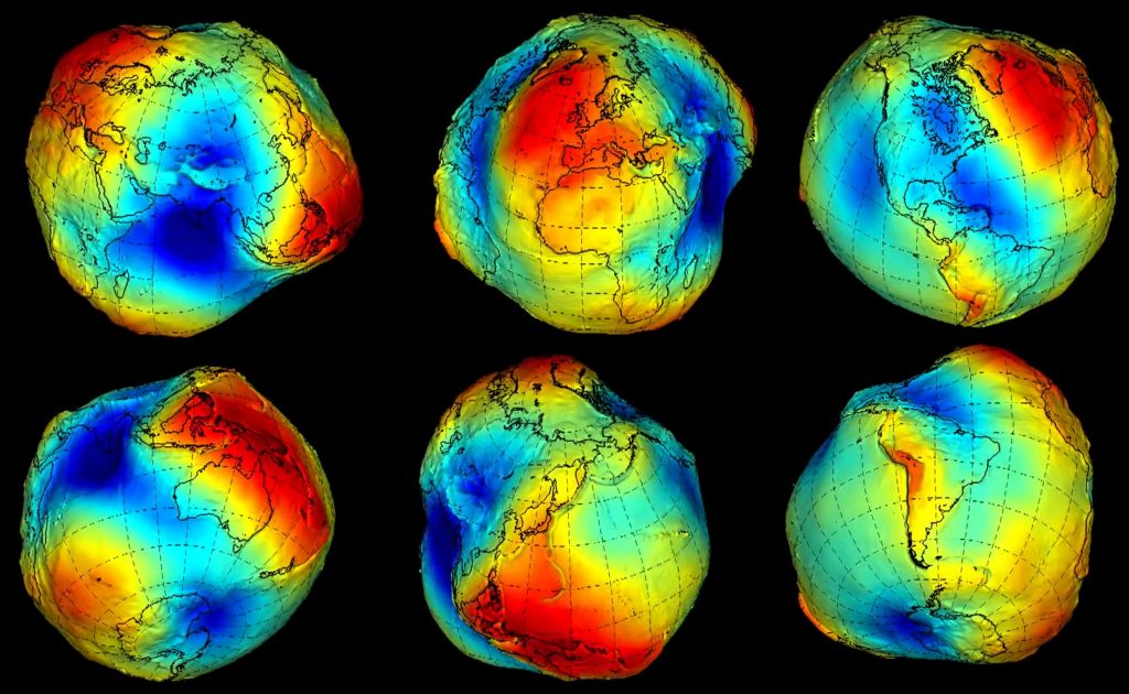 Seis ilustrações de geoide da Terra, cada uma mostrando um lado do planeta, colorida, representando as variações da força da gravidade.