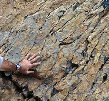 Espaçada em calcário (Formação Twin Creek) no Cinturão Sevier, Thomas Fork, Wyoming, EUA. A clivagem se formou durante encurtamento paralelo ao acamamento e é perpendicular à direção de encurtamento (Z). A mão de Arlo Weil aparece na imagem como escala). 