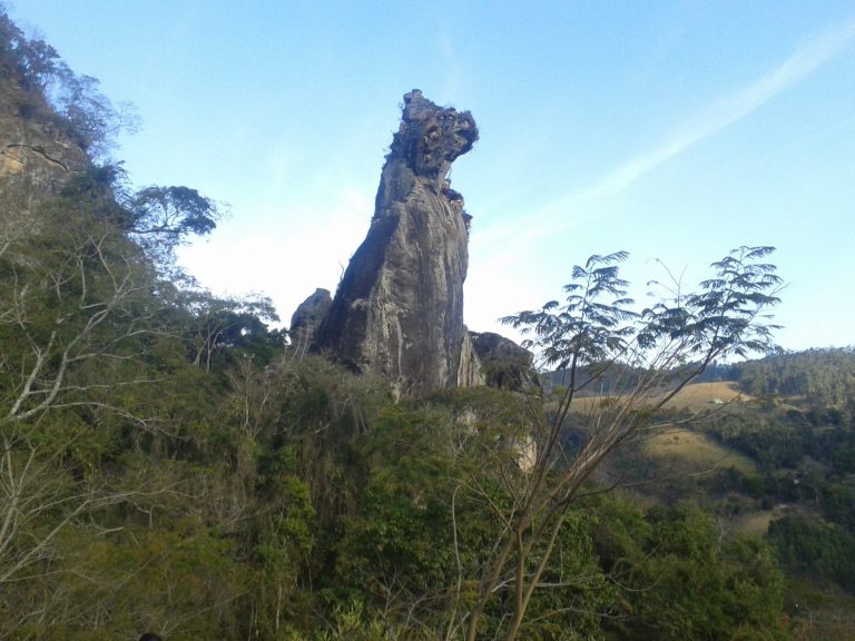Foto da Pedra do Cão Sentado olhada de baixo, com vegetação à frente. Trata-se de uma das formações rochosas mais conhecidas no Brasil por sua forma.
