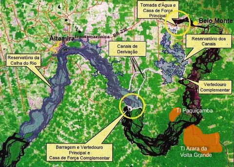 Mapa da área de Altamira e Belo Monte, indicando em que ponto do rio está sendo construído cada componente da usina.
