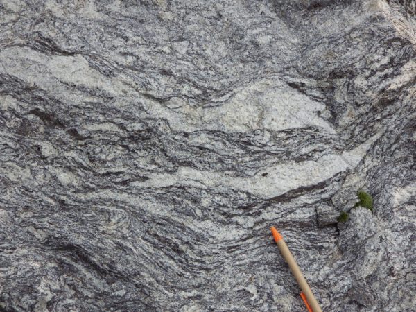 Foto aproximada de uma rocha que sofreu processo de anatexia, com partes de diferentes relevos.