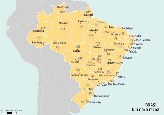 Mapa de uma nova divisão territorial no Brasil.