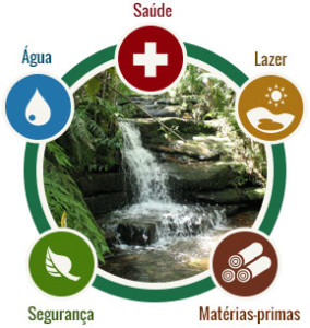 Diagrama de serviços ecossistêmicos: saúde, água, lazer, segurança e matérias-primas.