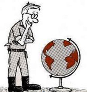 Ilustração de um homem com roupas de trabalho e óculos olhando um globo terrestre que está no chão.