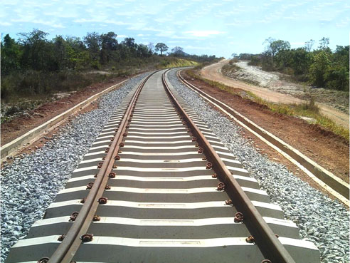Foto de uma ferrovia na direção do horizonte; ao redor, vegetação.