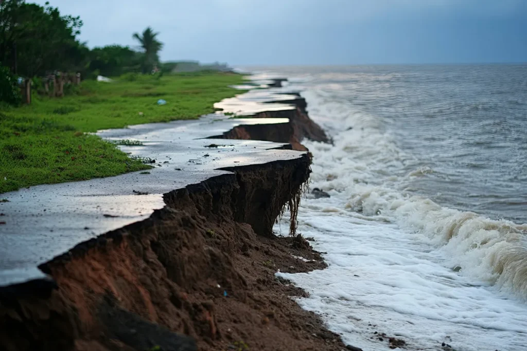 Erosão costeira em barranco à beira-mar com avanço das ondas destruindo o solo e a vegetação