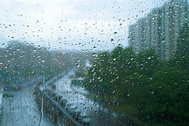 Foto de uma janela que dá para uma estrada, com prédios à direita e árvores na frente. A janela está embaçada e com gotas de chuva.