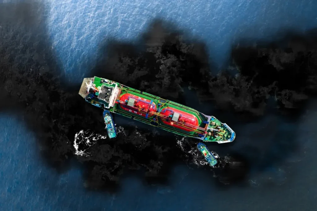 Navio petroleiro cercado por manchas escuras de óleo no oceano, evidenciando grave impacto ambiental