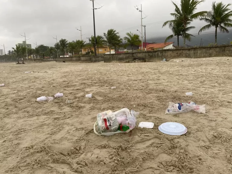 Foto de lixo acumulado em praia do litoral de São Paulo, com pratos e garrafas de plástico espalhados pela areia.
