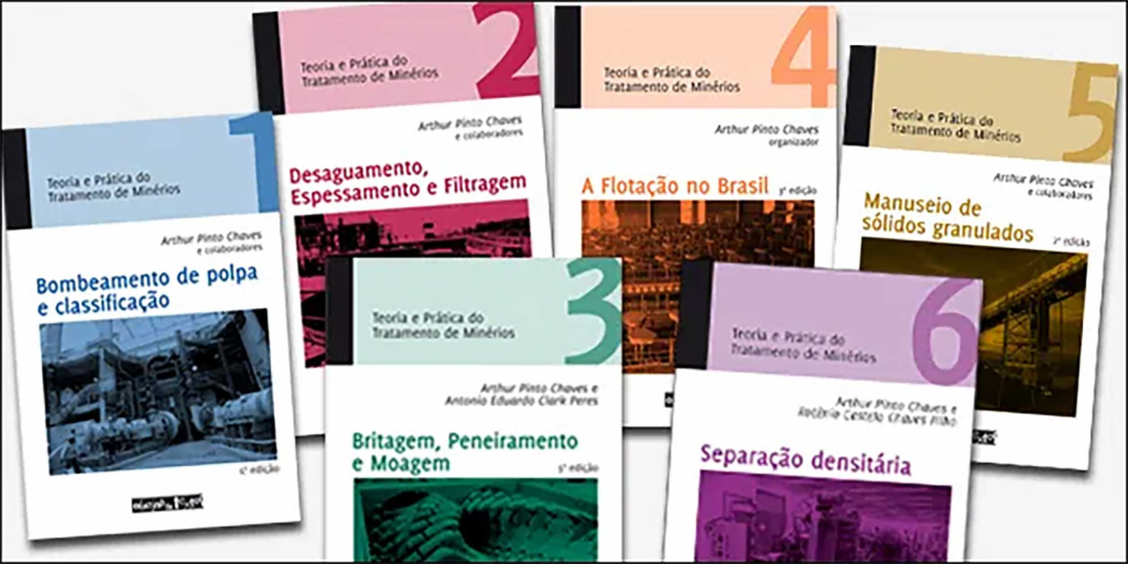 Capas dos seis volumes da coleção Teoria e Prática do Tratamento de Minérios, organizada por Arthur Pinto Chaves.