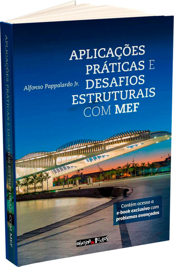Capa do livro "Aplicações práticas e desafios estruturais com MEF", lançamento da Editora Oficina de Textos