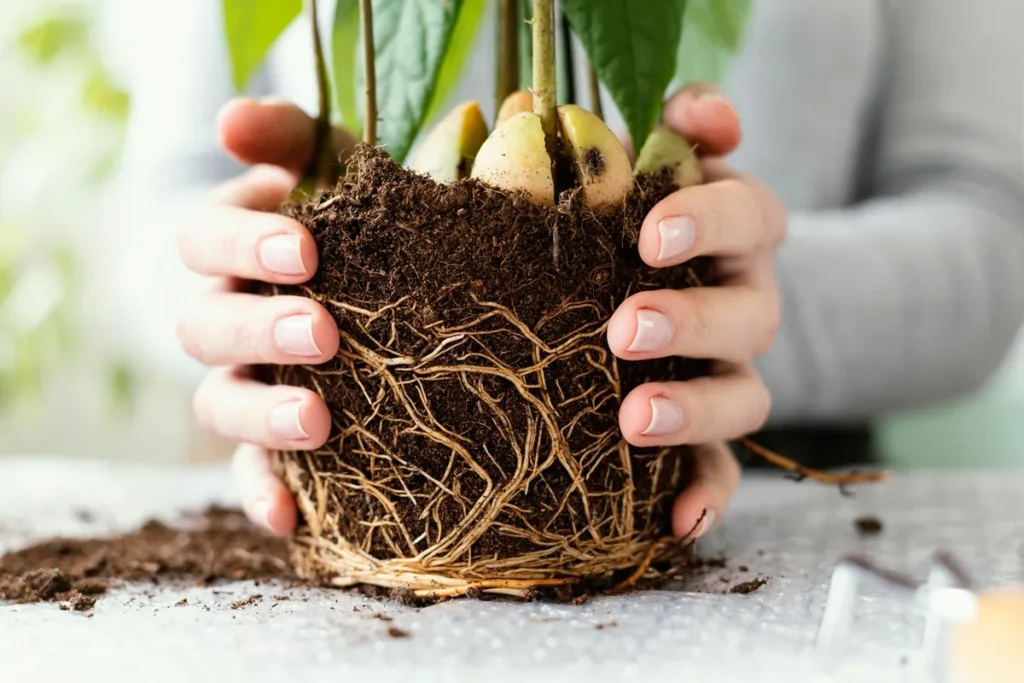 Mãos segurando uma muda de planta com raízes expostas e terra, simbolizando o cuidado e a importância do manejo correto no cultivo.