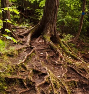 Raízes expostas de uma árvore em meio à floresta, cobertas por musgo e rodeadas por vegetação verde, simbolizando a força e interconexão da natureza.