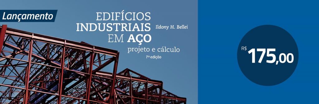 Banner de lançamento do livro Edifícios industriais em aço, com o preço de R$ 175,00.