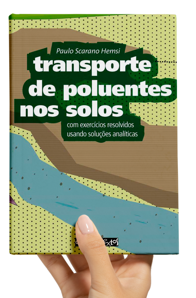 Mão branca segurando o livro Transporte de poluentes nos solos com exercícios resolvidos usando soluções analíticas.