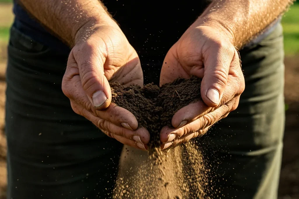 Mãos segurando e soltando terra fértil, simbolizando a importância da qualidade do solo na agricultura
