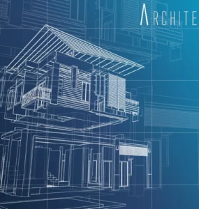 Desenho técnico em 3D de projeto arquitetônico sobre fundo azul com linhas brancas