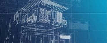 Desenho técnico em 3D de projeto arquitetônico sobre fundo azul com linhas brancas