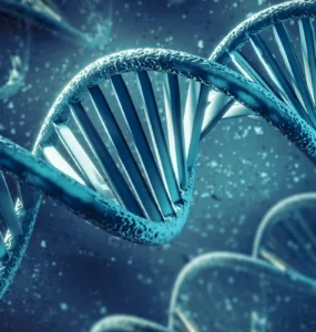 Representação 3D da estrutura em dupla hélice do DNA com detalhes moleculares