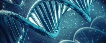 Representação 3D da estrutura em dupla hélice do DNA com detalhes moleculares