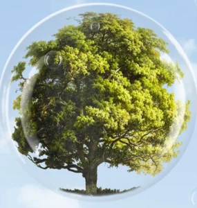 Árvore verde dentro de uma bolha transparente representando proteção ambiental e preservação da natureza.