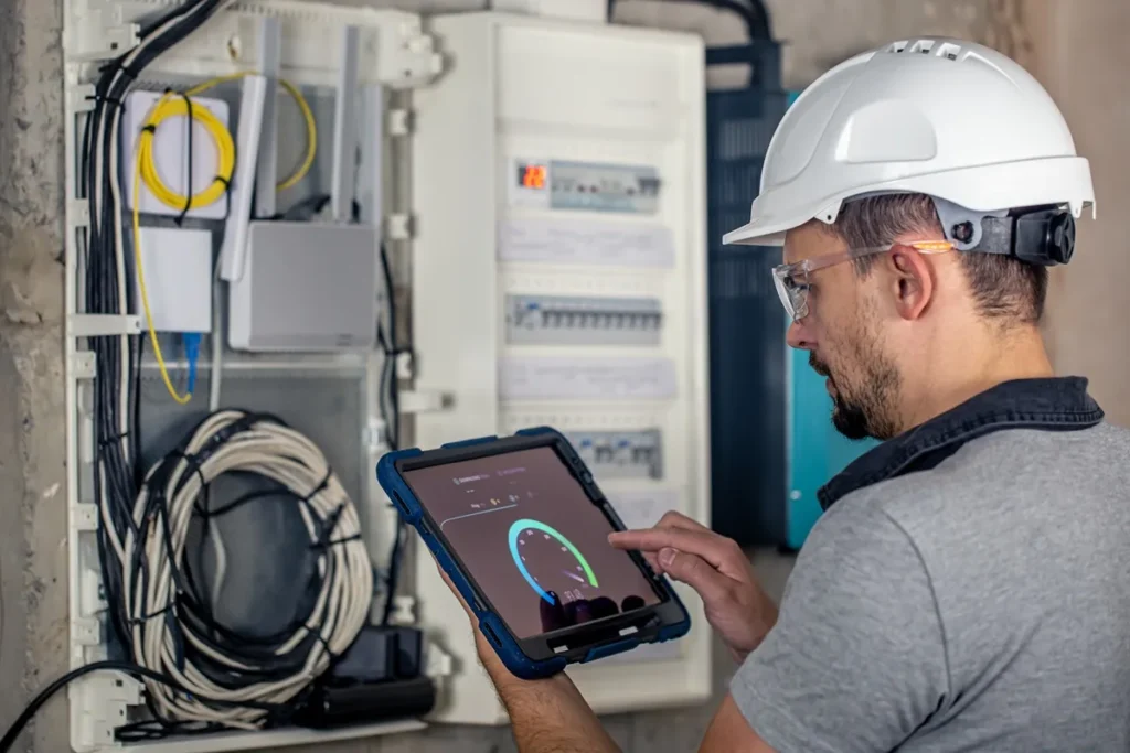 Engenheiro elétrico com capacete branco usando tablet para monitorar painel elétrico em instalação