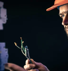 Eletricista com capacete de proteção analisando fios elétricos expostos durante manutenção