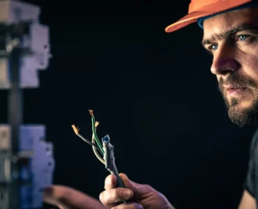 Eletricista com capacete de proteção analisando fios elétricos expostos durante manutenção