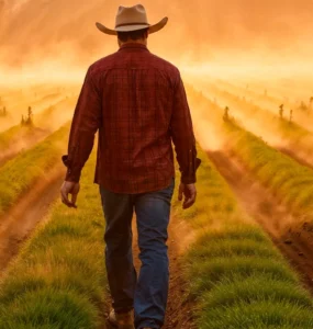 Homem com chapéu e camisa vermelha caminhando por fileiras de plantação ao amanhecer