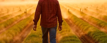 Homem com chapéu e camisa vermelha caminhando por fileiras de plantação ao amanhecer