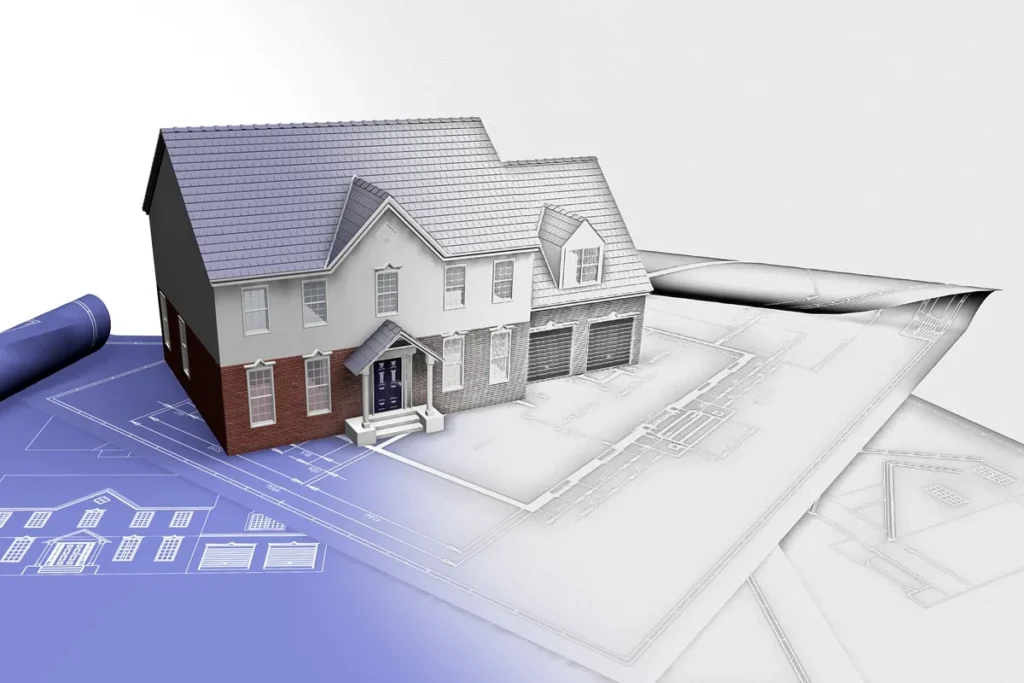 Modelo 3D de casa colocado sobre planta arquitetônica em papel azul e branco
