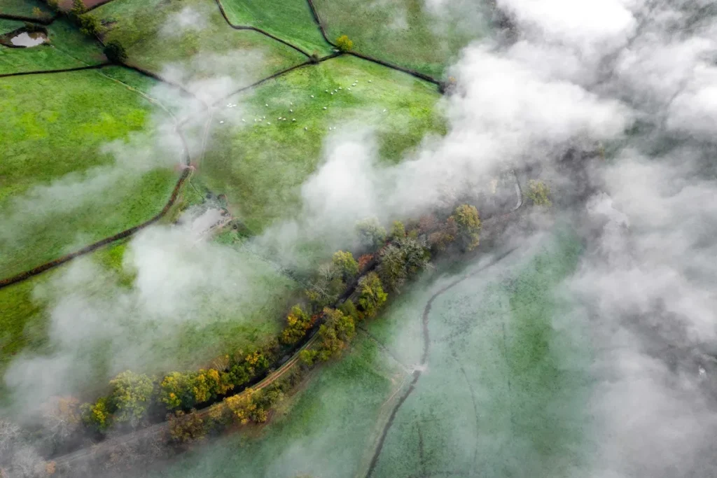 Vista aérea de campos verdes parcialmente cobertos por nevoeiro, com cercas e árvores destacando o relevo rural.