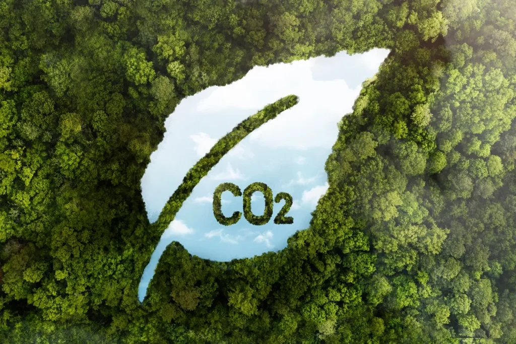 Floresta vista de cima com formato de folha recortada mostrando o símbolo CO2, representando preservação ambiental e redução de carbono.