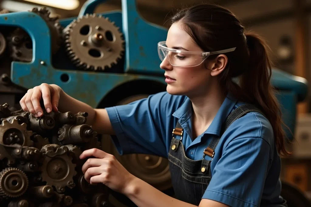 Mulher engenheira mecânica usando óculos de proteção enquanto ajusta engrenagens metálicas em uma máquina industrial.