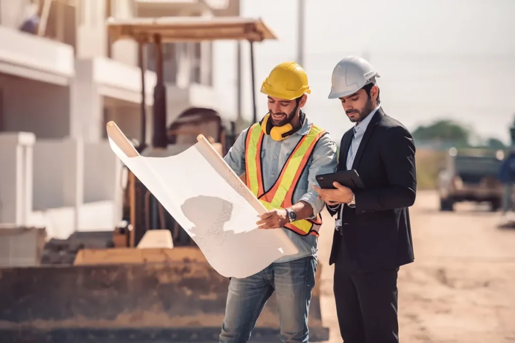 Engenheiro e arquiteto com capacetes de segurança analisando planta arquitetônica em canteiro de obras.