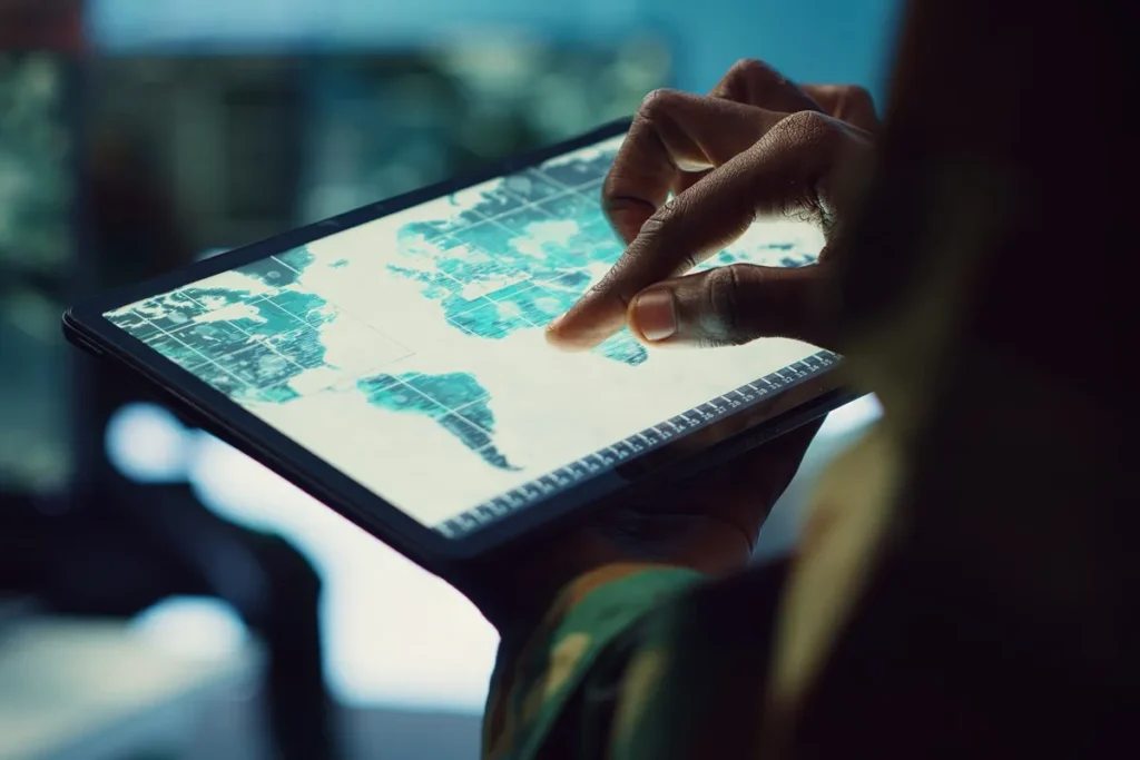 Pessoa usando tablet com mapa digital interativo do mundo.